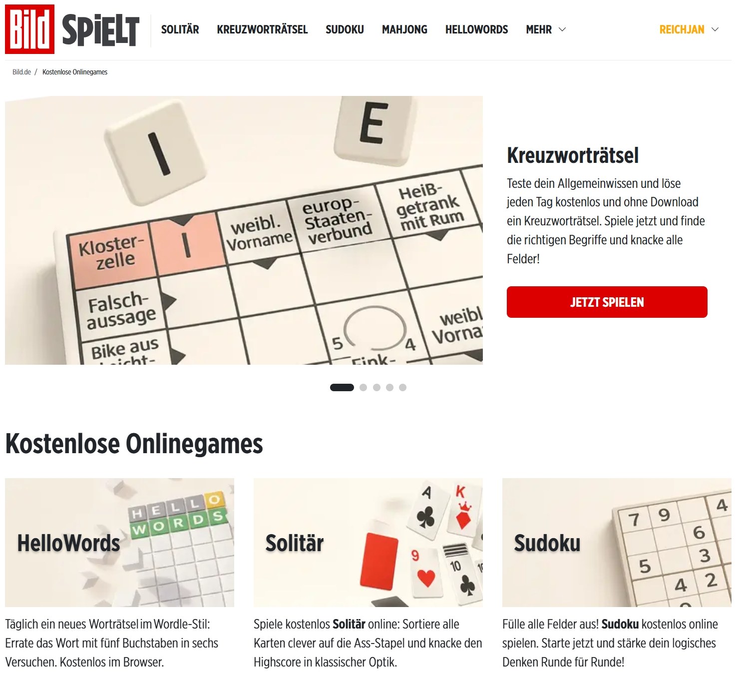 Startseite von BILD Spielt mit Kreuzworträtsel, HelloWords, Solitär und Sudoku