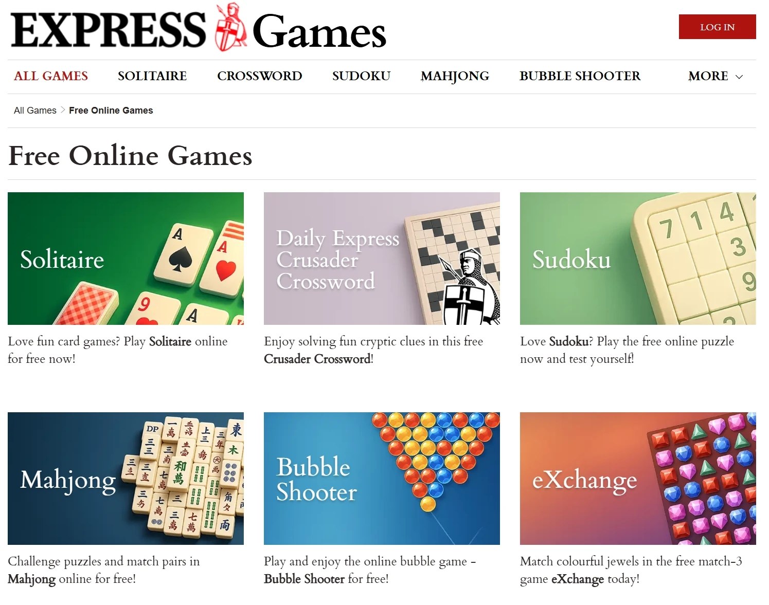 Free Online Games section of Daily Express with Solitaire, Crusader Crossword, Sudoku, Mahjong, Bubble Shooter and eXchange