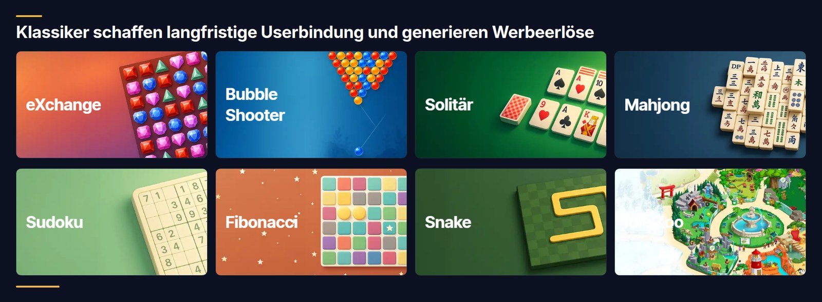 Acht Spiele-Klassiker: eXchange, Bubble Shooter, Solitär, Mahjong, Sudoku, Fibonacci, Snake und ein Wimmelbildspiel