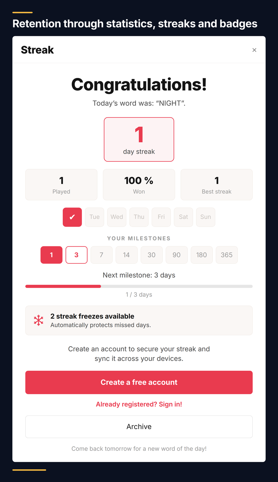 End-of-round dialogue of a daily word game showing the day streak, win rate, milestones and streak freezes