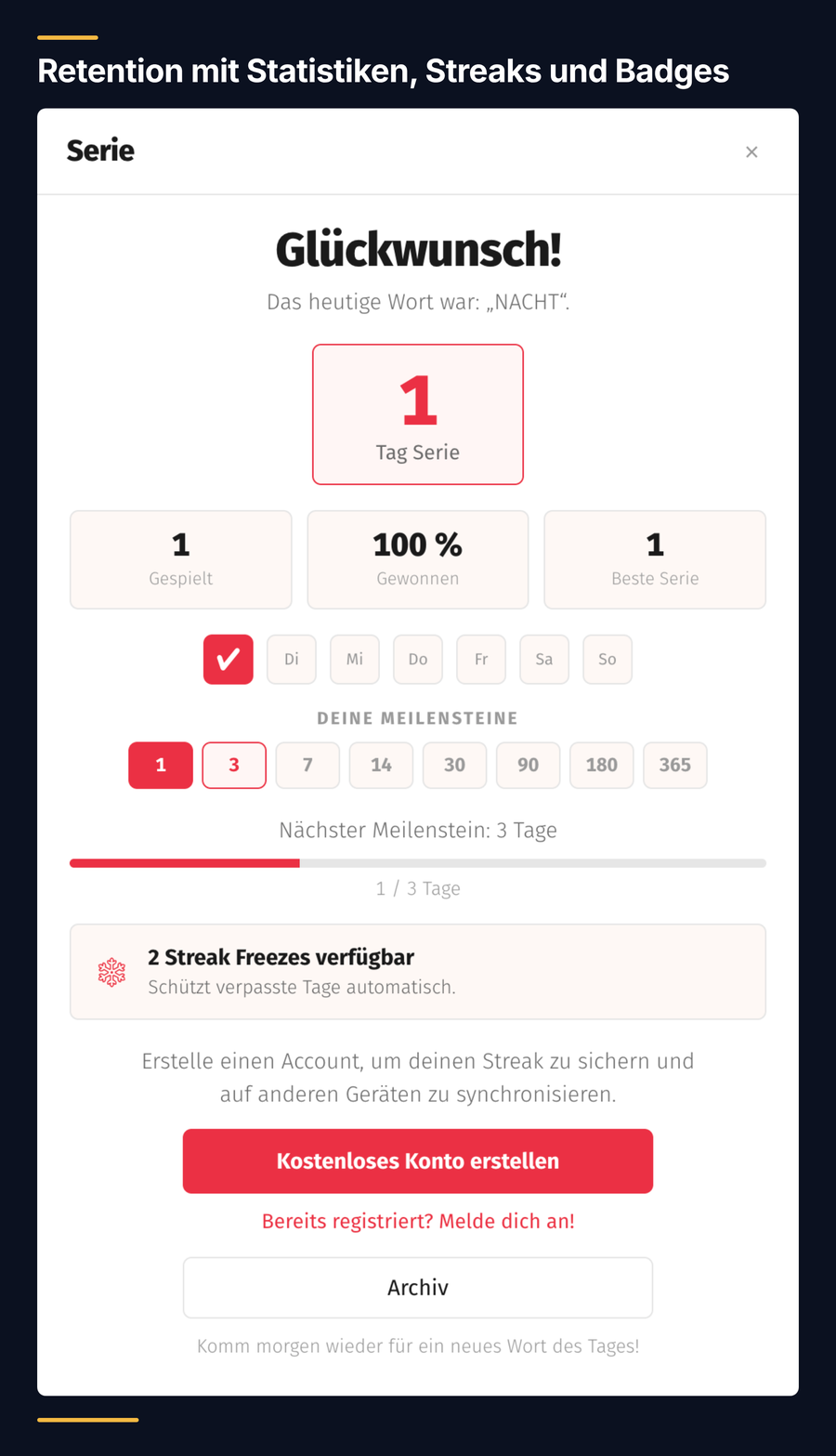 Abschlussdialog eines täglichen Wortspiels mit Tagesserie, Trefferquote, Meilensteinen und Streak Freezes