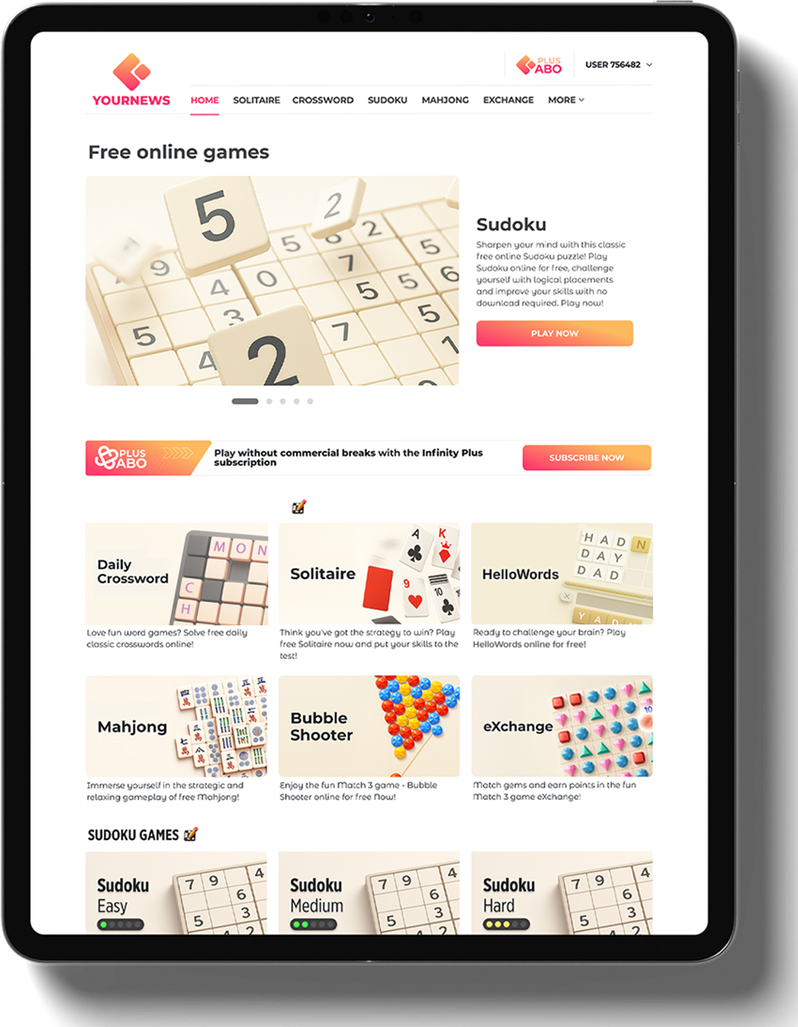 Der eigene Spielebereich eines Verlags auf Playground, dargestellt auf einem Tablet: ein Sudoku-Aufmacher, ein Abo-Banner und ein Raster mit Spielen wie Daily Crossword, Solitaire und Mahjong.